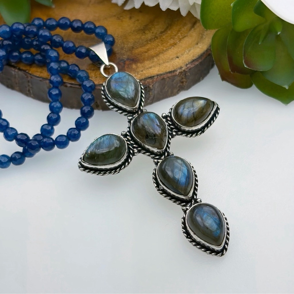XXL Labradorite Cross Pendant Kyanite Necklace Southwest Sterling 925 Overlay - Picture 3 of 6
